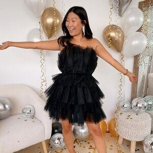 Mable Organza Tube Ruffle Mini Dress Black Women's Size S